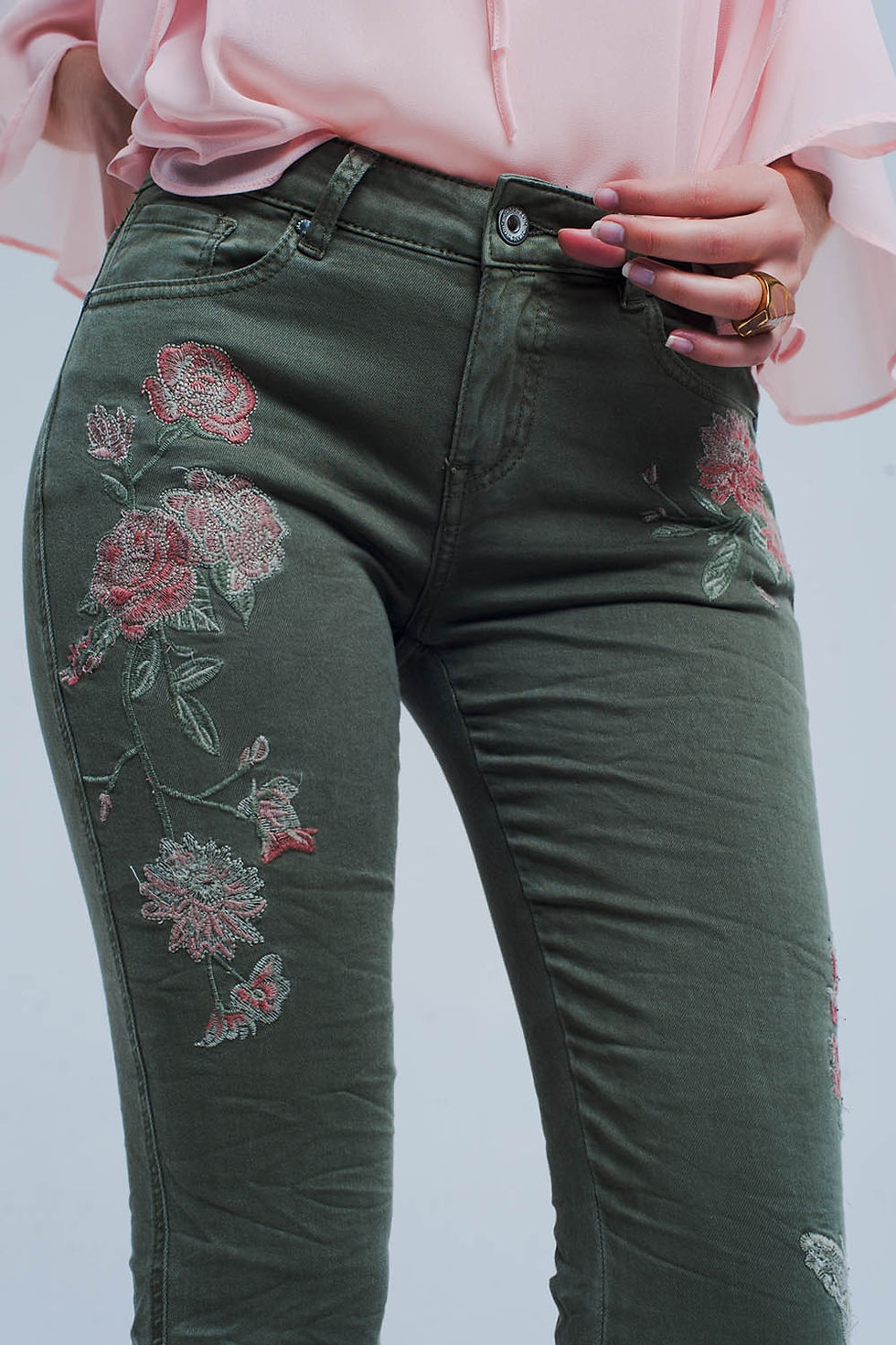 Thumbnail: Khaki Jeans With Embroidered Flower