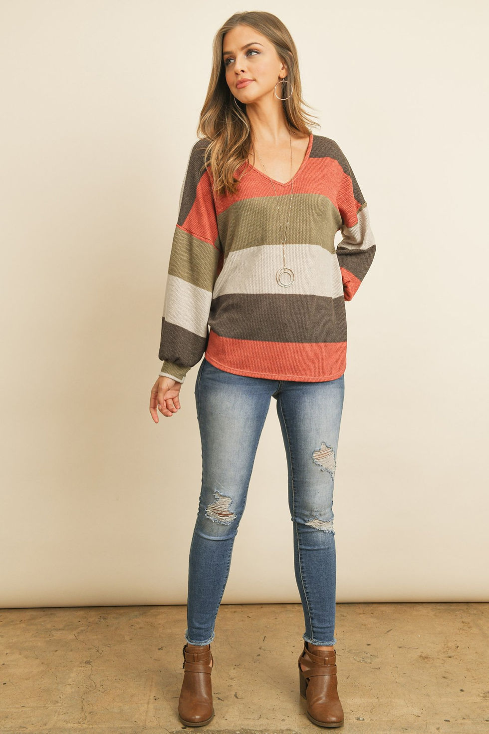 Thumbnail: Rib Multicolor Stripes V-Neck Puff Sleeves Top
