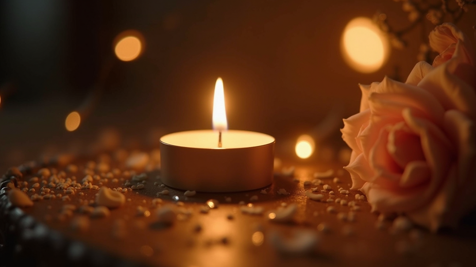 Close-up view of a lit candle surrounded by soft, ambient lighting