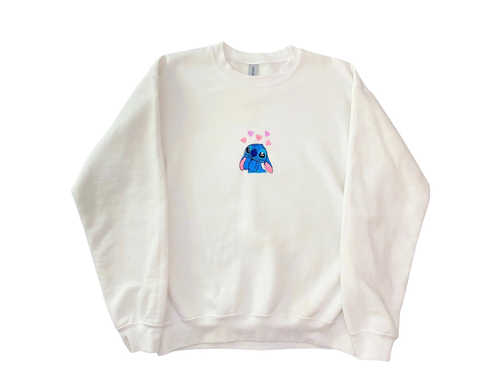 cute stitch with hearts above head on white crewneck 