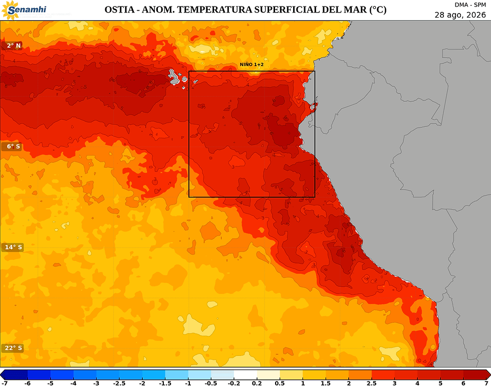 Mapa de anomalías térmicas en la superficie del mar peruano (Fuente: Senamhi).