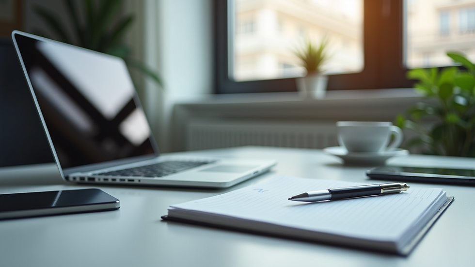 Eye-level view of a modern office workspace with a laptop and notes