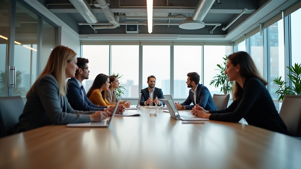 Eye-level view of a modern office workspace with collaborative team meeting
