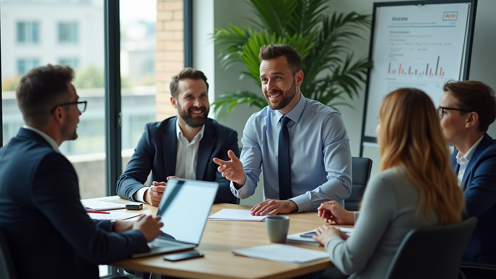 High angle view of a consultant presenting workplace strategy to a small business team