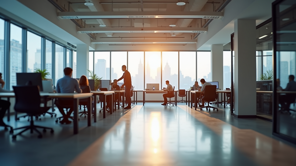 Eye-level view of a modern office space with collaborative workstations