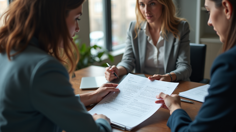 High angle view of a business team reviewing documents together