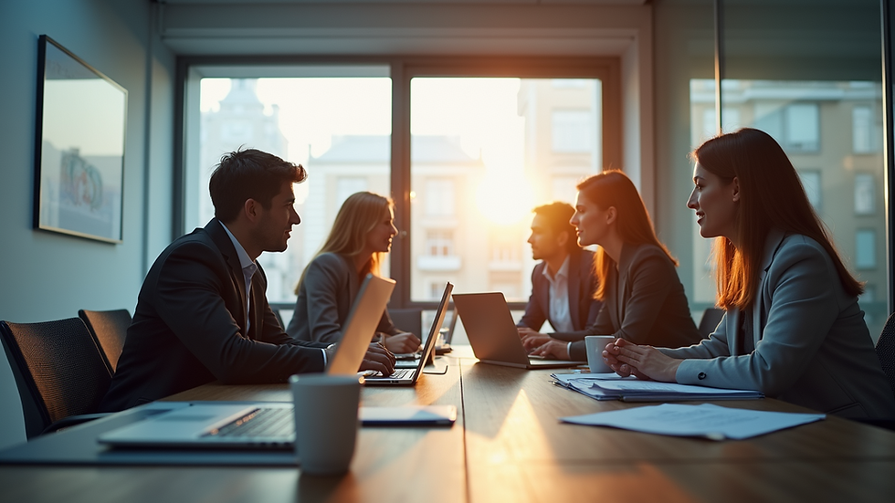 Eye-level view of a modern office meeting room with a team collaborating