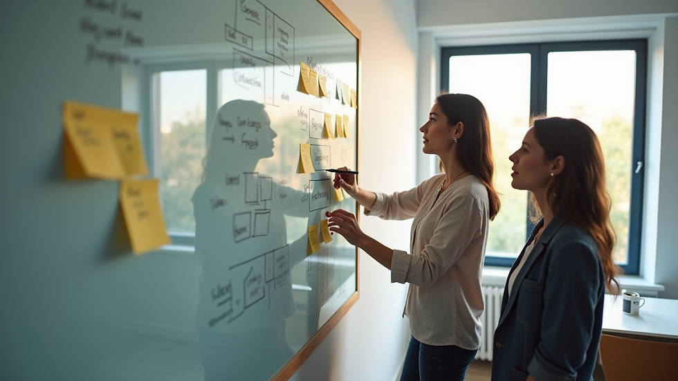 High angle view of a team brainstorming session with sticky notes on a whiteboard