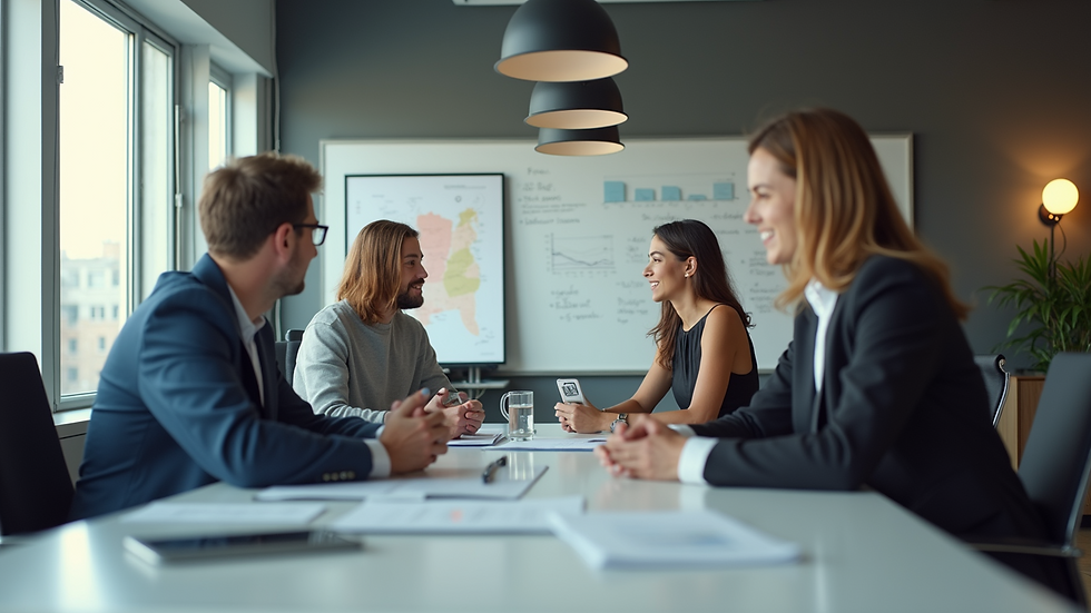 Eye-level view of a modern office workspace with collaborative team meeting