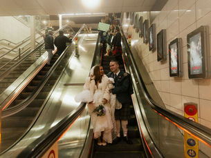 Hopping on the clockwork orange after marrying at botanic gardens Glasgow!
