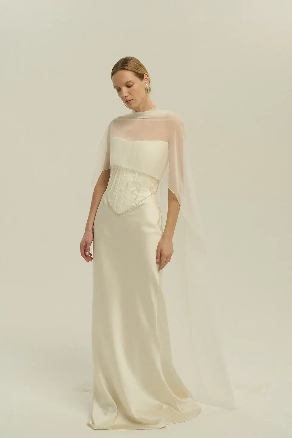 Crinkle corset and fluid fitted skirt with optional sheer chiffon cape