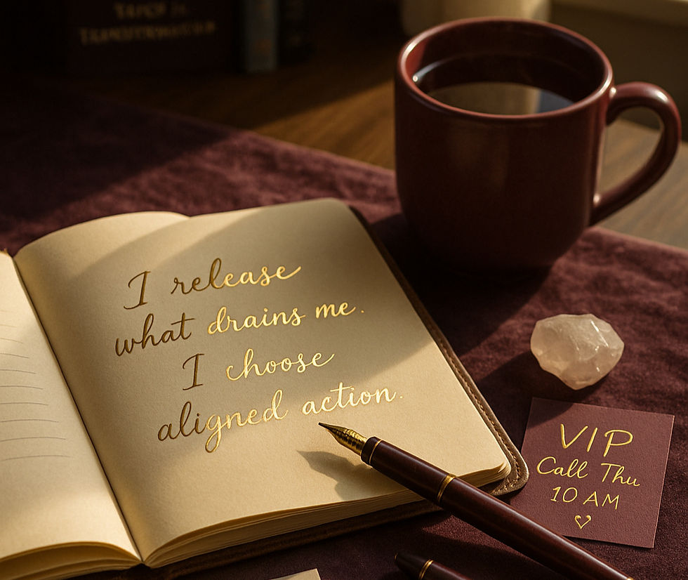 A warm, sunlit workspace featuring an inspiring journal entry about releasing negativity and embracing positive action with practical steps. A mug of coffee, a crystal, and a reminder note for a VIP call enhance the scene, evoking a sense of intentional living and self-care.