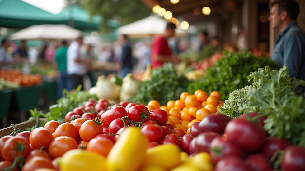 Eye-level view of a vibrant farmers' market showcasing fresh produce