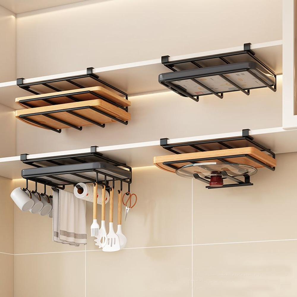 Kitchen Under Cabinet Hanging Organizer Rack with Hooks Multi-Purpose Holder for