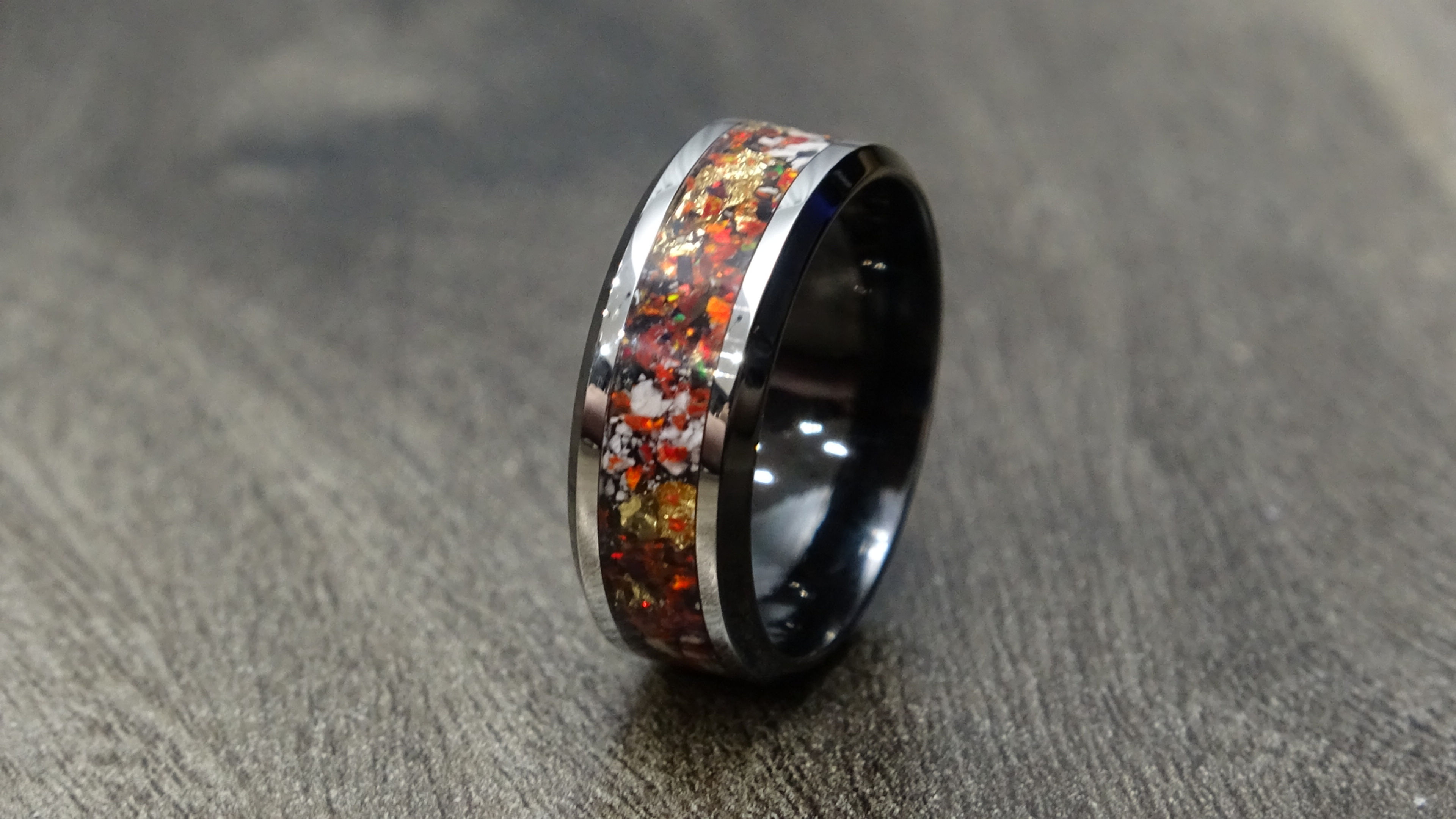 Fiery Tribute Cremation Ring – Black Stainless with Ember & Inferno Opals