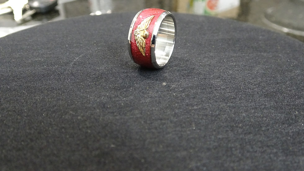 Thumbnail: Regal Fusion: 18K Gold-Veteran Pin Stainless Steel Ring with Maroon Pigment