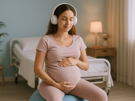 אישה בחדר לידה עם אוזניות מאזינה למוזיקה רגועה