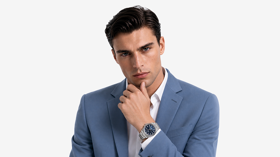 A brunette white man wearing a blue suit and white shirt, a Rolex watch on his left wrist as he touches his chin with his left and whilst looking confidently at the camera.