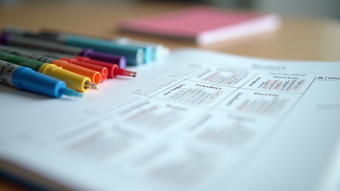 Close-up view of a monthly budget planner with colorful markers
