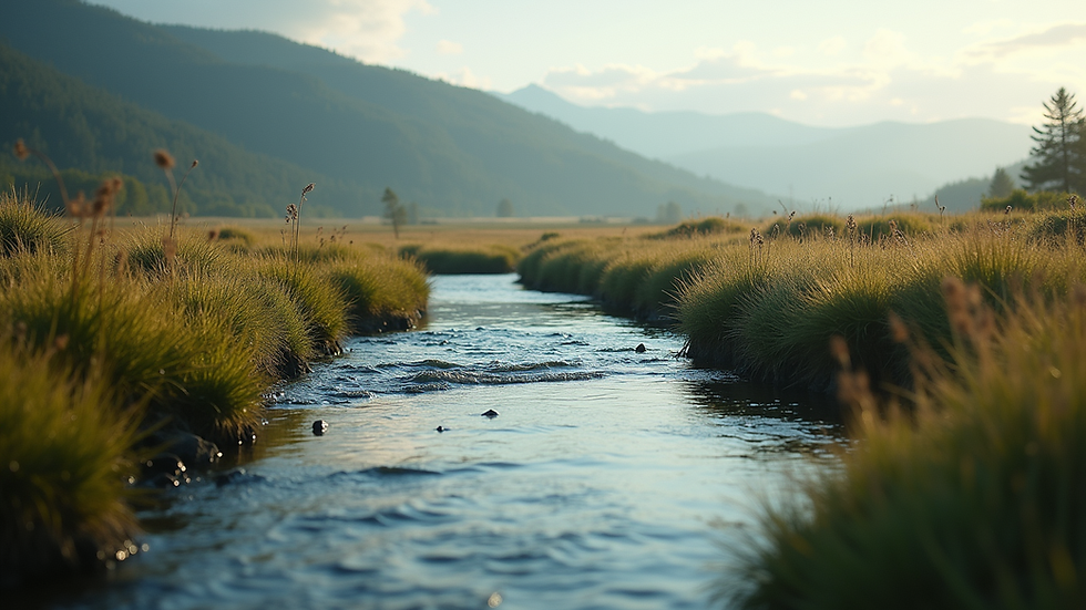 Eye-level view of a serene landscape with a winding river