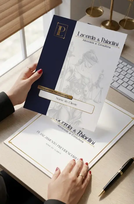 Fotografia em ângulo superior focando no contraste entre dois modelos de documentos sobre uma mesa de escritório. Em primeiro plano, uma pessoa segura a nova capa reestruturada, com uma faixa vertical azul-marinho, o monograma da marca e uma ilustração semitransparente da deusa da Justiça. Sobre a mesa, em segundo plano, repousa o modelo anterior com layout simplificado, ao lado de uma caneta e um teclado de computador.