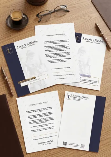 Fotografia sob vista superior em uma mesa de madeira clara, exibindo um conjunto de páginas impressas organizadas estrategicamente. Na parte superior, veem-se a capa azul-marinho com o logotipo institucional, o verso com texto explicativo e uma divisória interna de capítulo. Na parte inferior, destaca-se o verso da contracapa com uma mensagem de agradecimento e a contracapa com informações de contato e QR Code das redes socias do escritório. Ao redor, compõem a cena uma xícara de café, óculos de grau, canetas e uma pasta executiva.