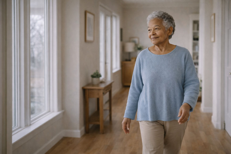 A woman takes a peaceful stroll through a sunlit hallway, wearing a comfortable blue sweater and beige pants, radiating contentment.