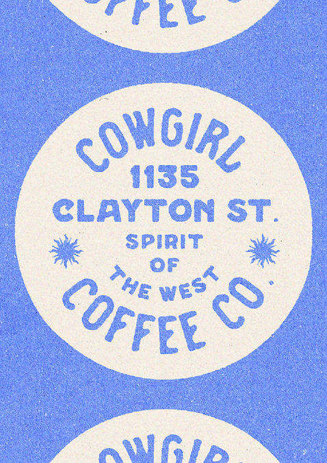 A collection of 3 vintage style badge brand submarks for Cowgirl Coffee Club on a blue background.