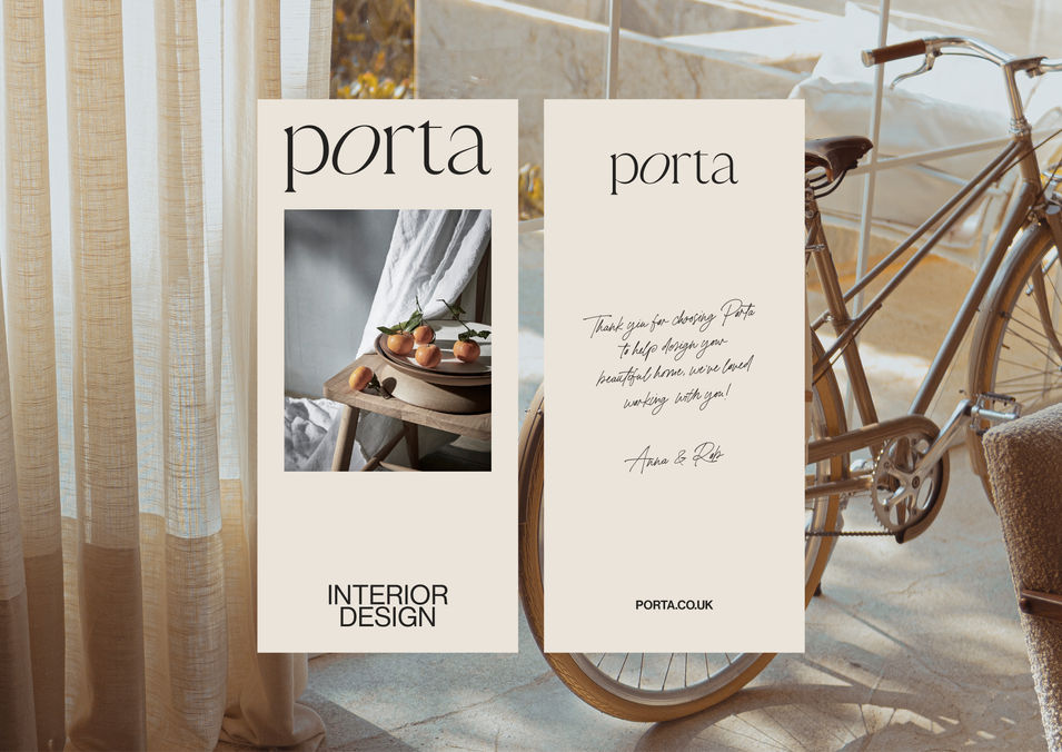 Front and back of a compliemt slip. The front includes the Porta logo and and an interior styling image, the back includes a hand written note.