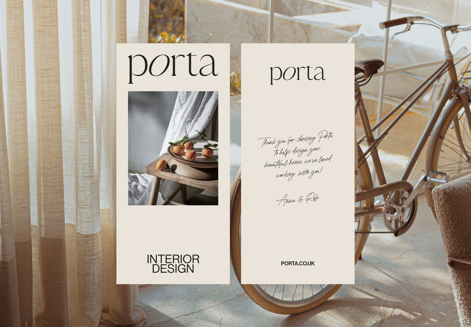 Front and back of a compliemt slip. The front includes the Porta logo and and an interior styling image, the back includes a hand written note.