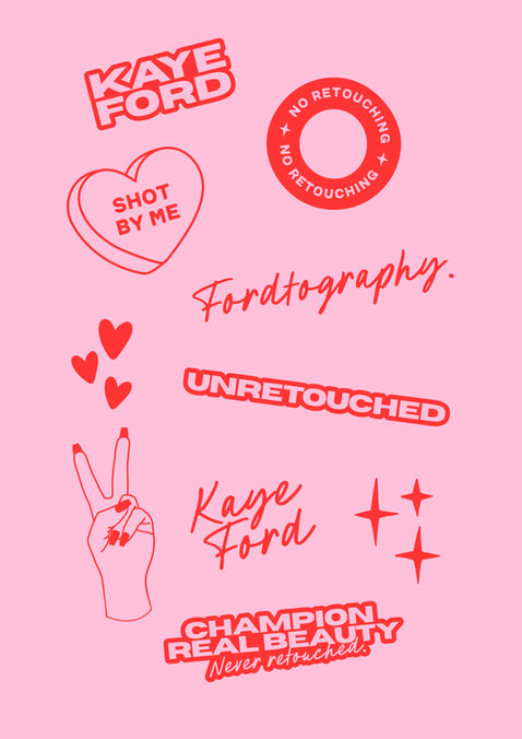 A pink background with red brand graphics. The graphics include hearts, stars, peace fingers and a mix of type based graphics.