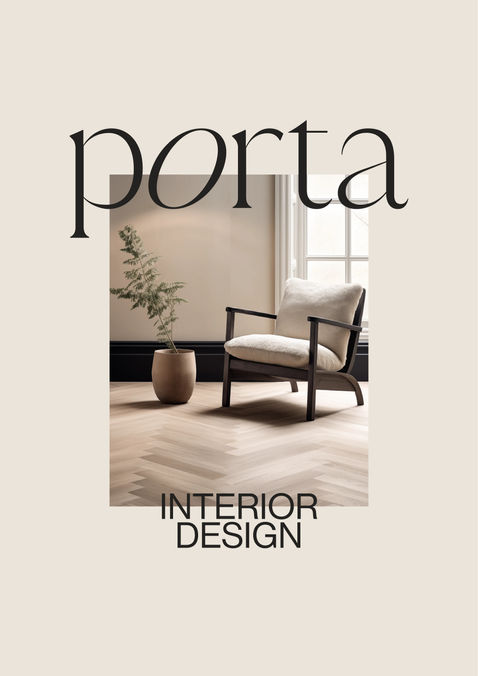 A soft beige background with an image of a minimal interior photograph in the centre. The shot features an armchair and plant and herringbone wood floor.The text 'Porta Interior Design' is overlayed on top of the image.