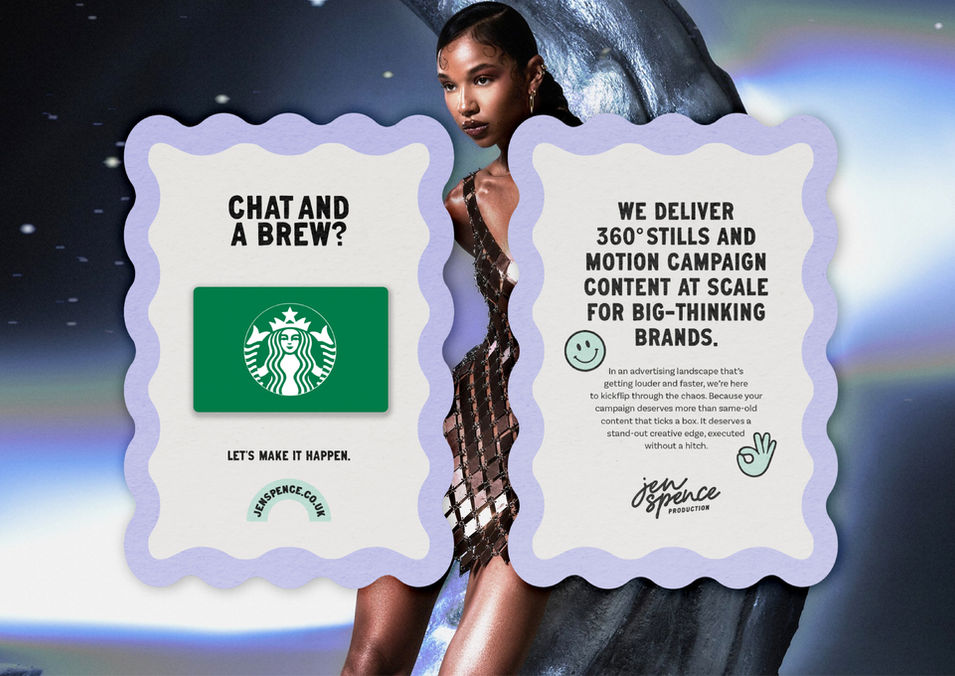 Two cards with a wavy scalloped edge. The first card has lilac edging and bold black text that reads 'CHAT AND A BREW?' There is also a starbucks gift card on the front. The back of the card has text that outlines the production agencies services.