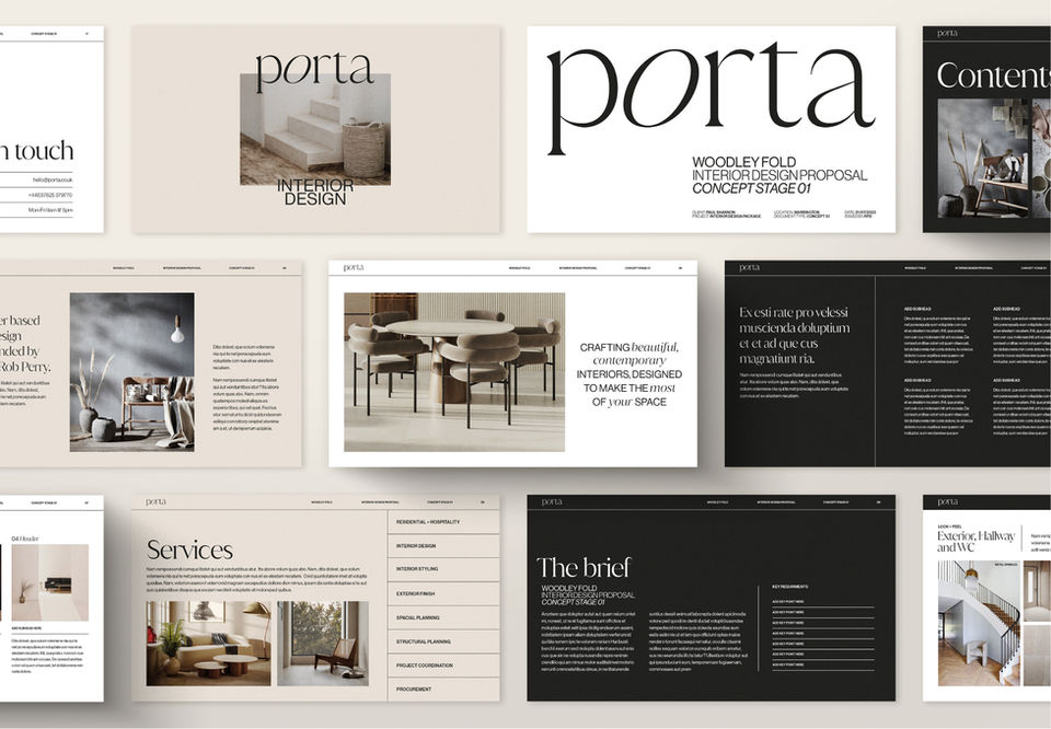 A series of presentation slides for Porta Interior Design. The slides show a mix of content as part of a client proposal document including inspiration imagery, floor plans and features.