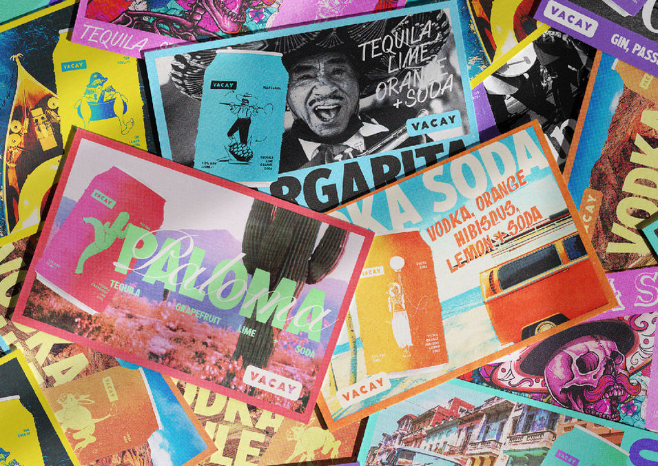 A colourful collage of various vintage postcards featuring graphics and text promoting different canned cocktail flavours, including Vodka Soda, Paloma and Margarita.