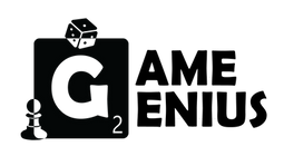 Game Genius loco, with the letter "G" as a game tile, a die, and a chess piece.