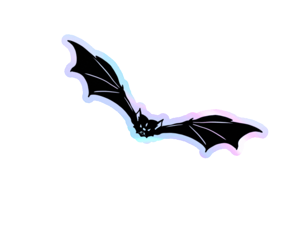 An animated bat flies its wings. It is glowing with irridescent purple and blue hues.