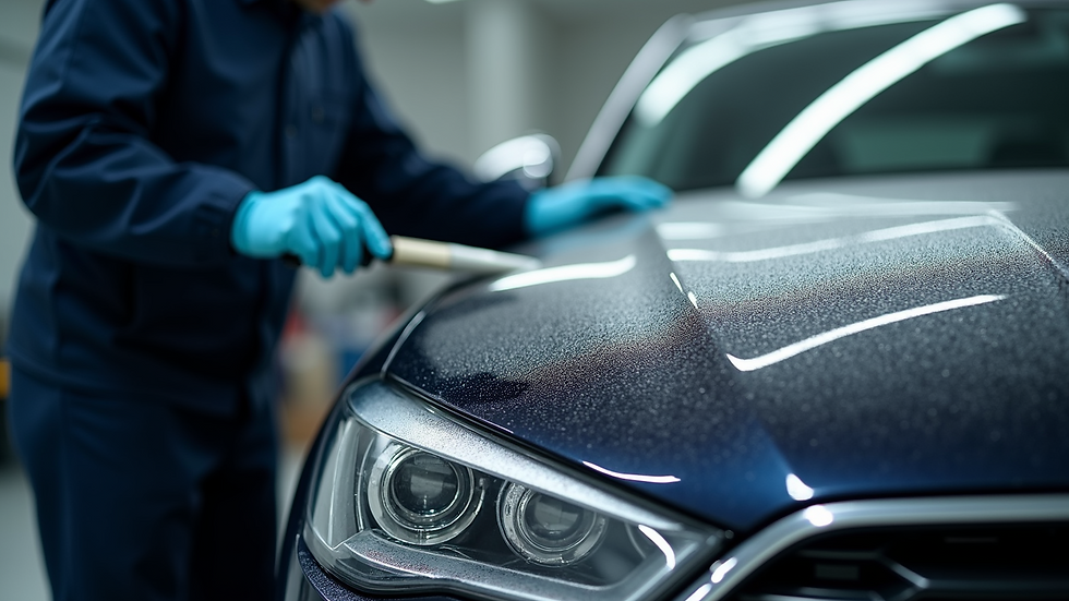 Close-up view of a technician applying ceramic coating to a car hood