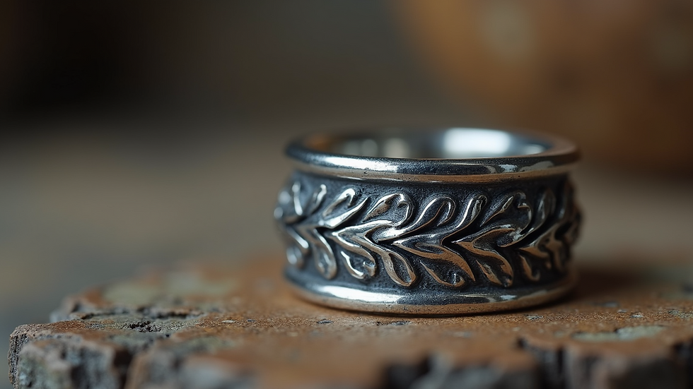 Close-up view of a bohemian-style sterling silver ring with intricate leaf designs