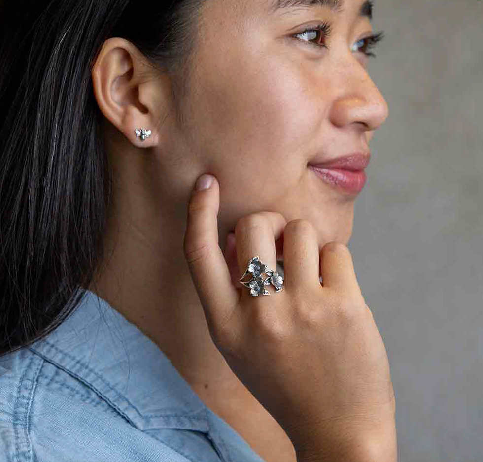 Thumbnail: Sterling Silver Adjustable Dogwood Flower and Leaf Ring