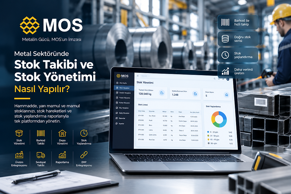 Metal sektöründe stok takibi ve stok yönetimi için MOS stok yaşlandırma, barkod ve depo yönetimi ekranı