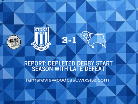 The Stoke and Derby badges are all white on a blue geometric background inspired by the Derby third kit. The headline, scoreline and web address are all in white lettering.