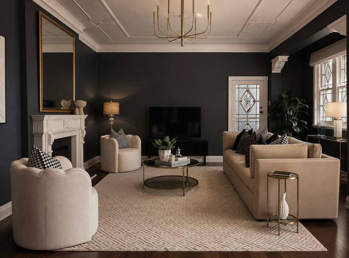 Elegant living room in a heritage Haberfield residence featuring ornate ceilings, a decorative fireplace, contemporary furnishings and sophisticated property styling.