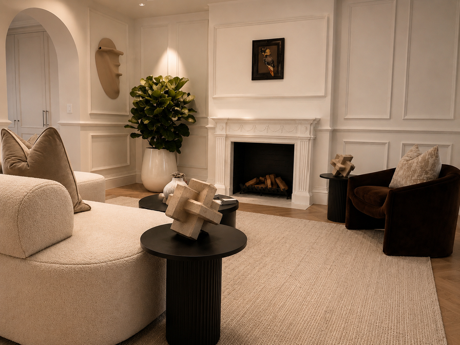 Elegant living room in a Paddington terrace home styled with contemporary furnishings, layered textures and timeless neutral décor.