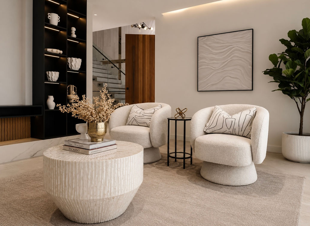 Modern Epping residence styled by Let’s Style Interiors, featuring contemporary interiors, warm neutral furnishings and luxury property styling.