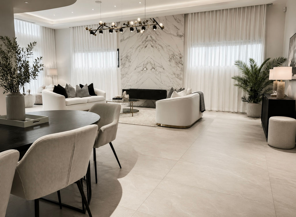 Luxury living area in an Epping home styled with contemporary furnishings, layered textures and designer décor.