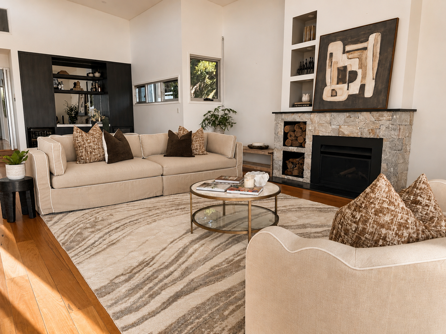 Luxury waterfront living room at a Seaforth residence styled with neutral furnishings, sculptural décor and expansive harbour views.
residence styled with neutral furnishings, sculptural décor and expansive harbour views.