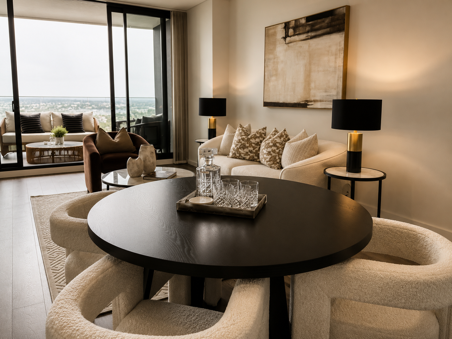 Sophisticated apartment master bedroom featuring layered bedding, custom soft furnishings, designer lighting and a calming neutral palette.