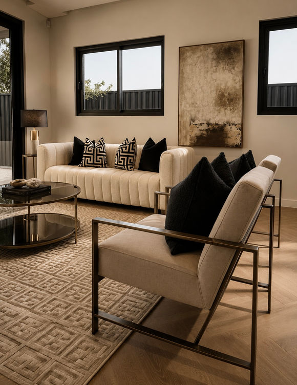 Architecturally designed Epping living room featuring monochromatic styling, statement artwork, contemporary lounge furniture and premium interior finishes.
6. Master Bedroom