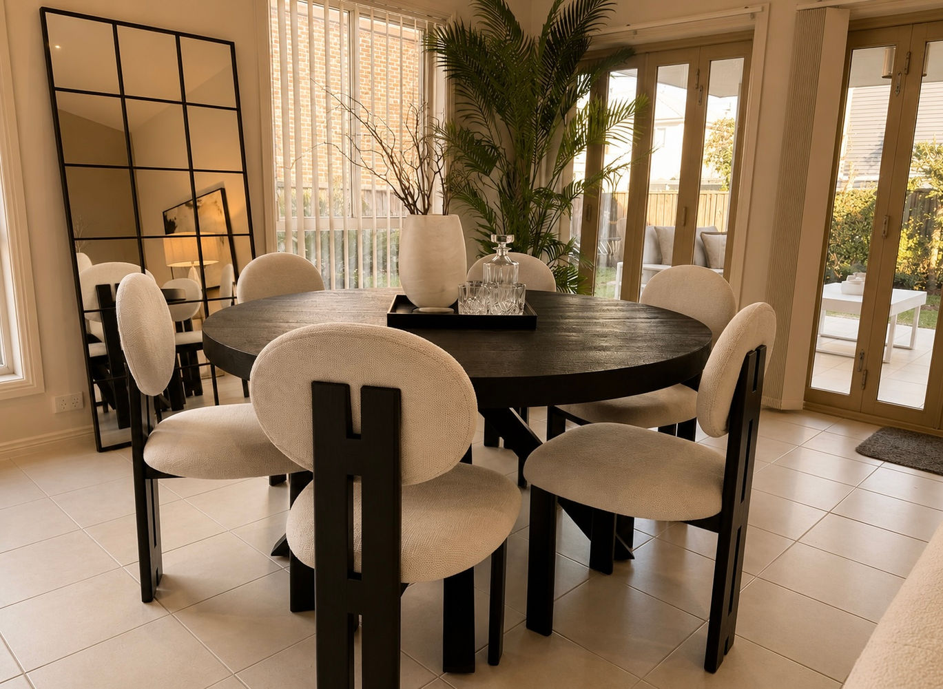 Luxury dining room styling in a contemporary Camden family home with designer furniture, soft neutral tones and indoor-outdoor entertaining